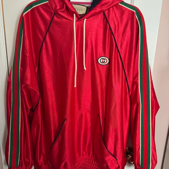 NWT Gucci Shiny Jersey Hooded Web Stripe Sweatshirt - Red - Picture 1 of 7